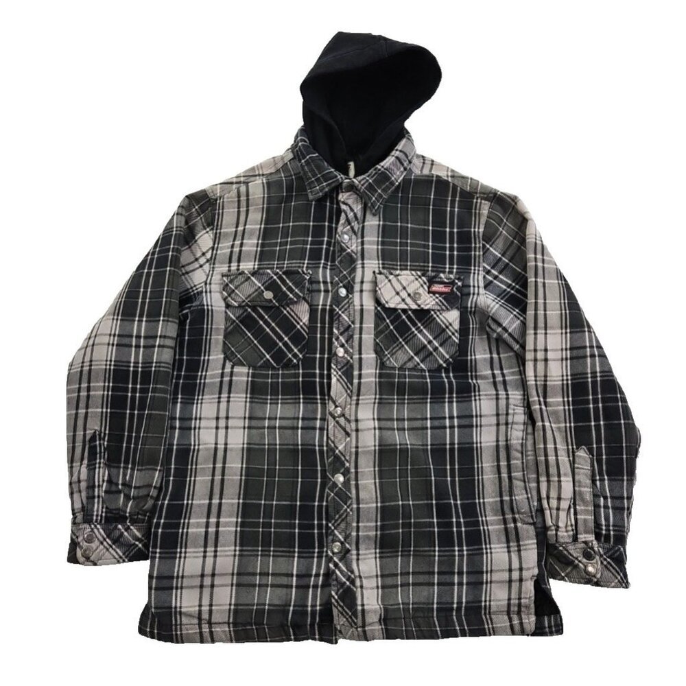 Dickies Full Zip Shacket Hoodie Men's M (38-40) Gray Quilted Lining Buttons‎ EUC